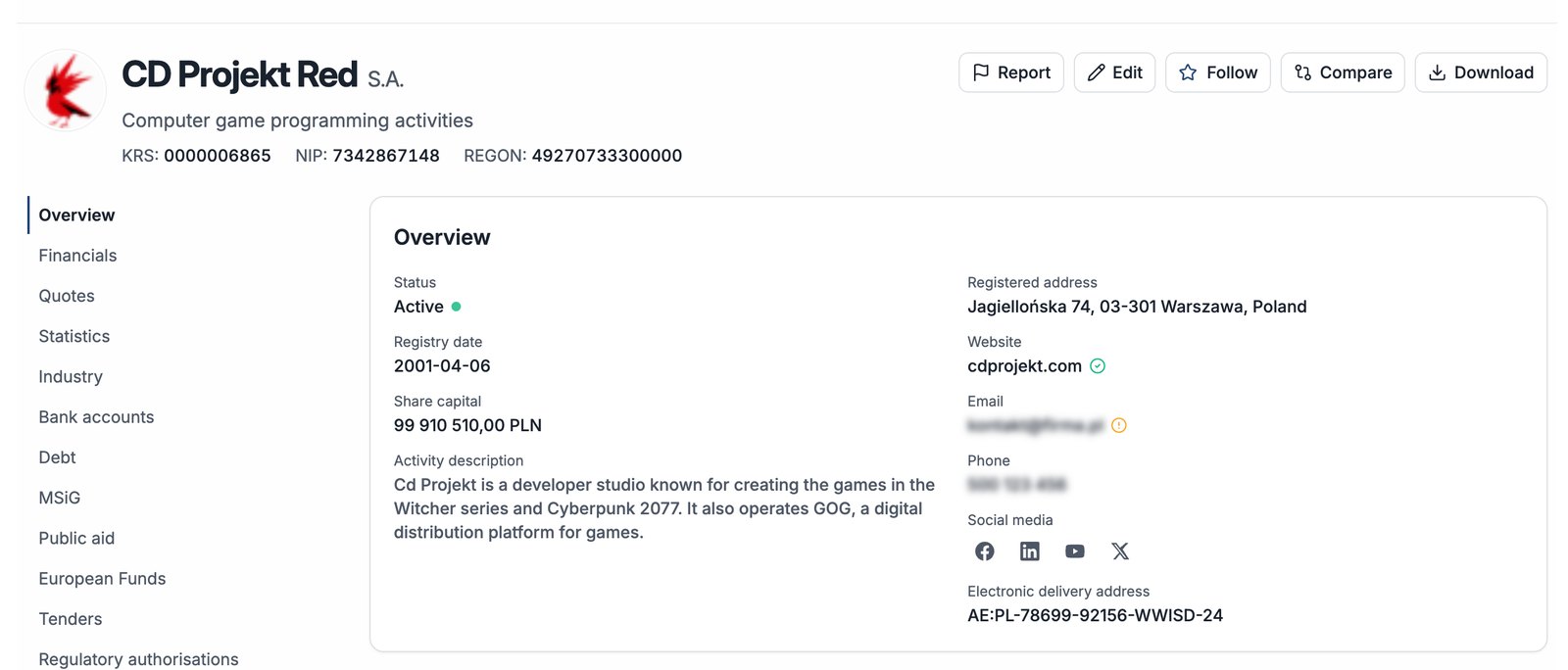 Firemní profil v Compabase – přehled společnosti CD Projekt Red S.A.